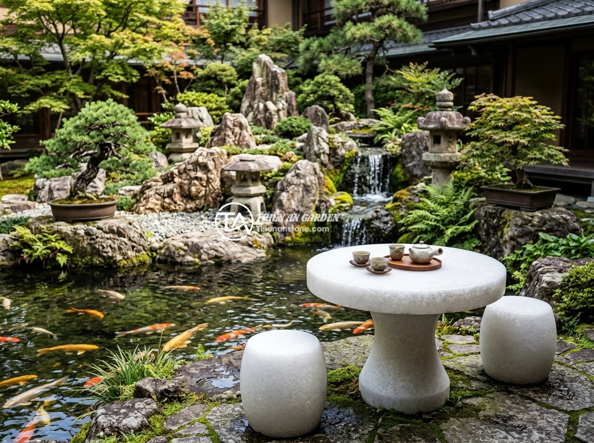 Ứng Dụng Sập Đá Trong Resort Khách Sạn Không Gian Sân Vườn Cao Cấp - A stunning composition showing a carved stone table set placed beside a koi pond