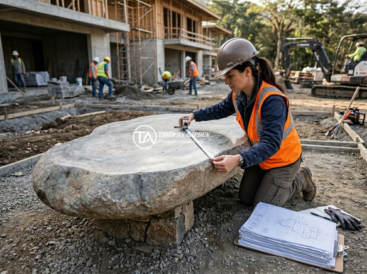 Ứng Dụng Sập Đá Trong Resort Khách Sạn Không Gian Sân Vườn Cao Cấp - A professional landscape architect examining and measuring a large stone table s