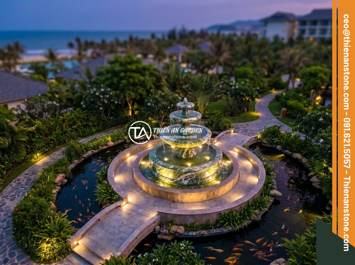 Xu Hướng Đài Phun Nước Bằng Đá 2026: Những Mẫu Thiết Kế Được Yêu Thích Nhất - Hình 5 Xu Hướng Đài Phun Nước Bằng Đá 2026: Những Mẫu Thiết Kế Được Yêu Thích Nhất - Aerial drone photograph of a grand natural stone fountain centerpiece in a luxur