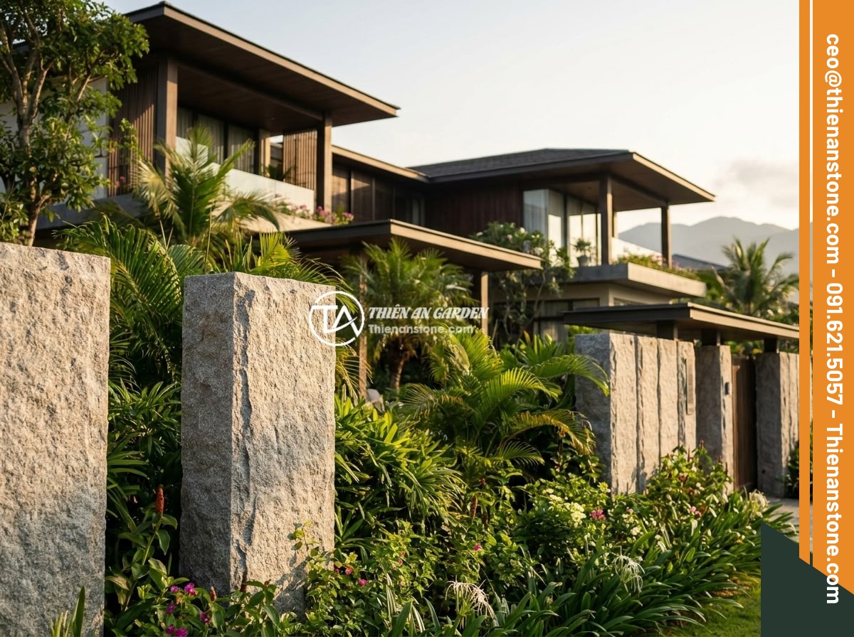 Xu Hướng Trụ Hàng Rào Đá Tự Nhiên 2026: Sang Trọng Và Bền Vững - Panoramic view of a luxury Vietnamese villa with natural stone fence pillars sur