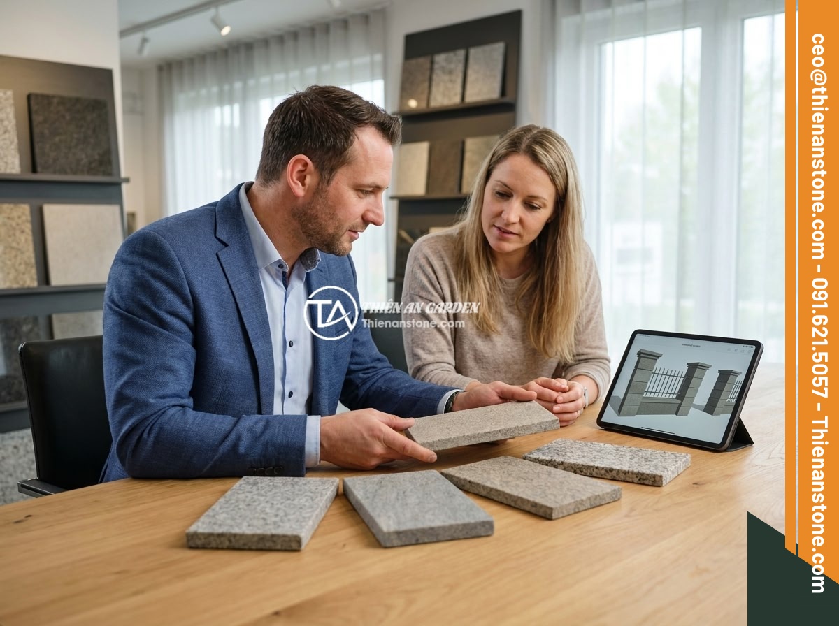 Xu Hướng Trụ Hàng Rào Đá Tự Nhiên 2026: Sang Trọng Và Bền Vững - A professional consultation meeting between a stone expert and a homeowner, revi