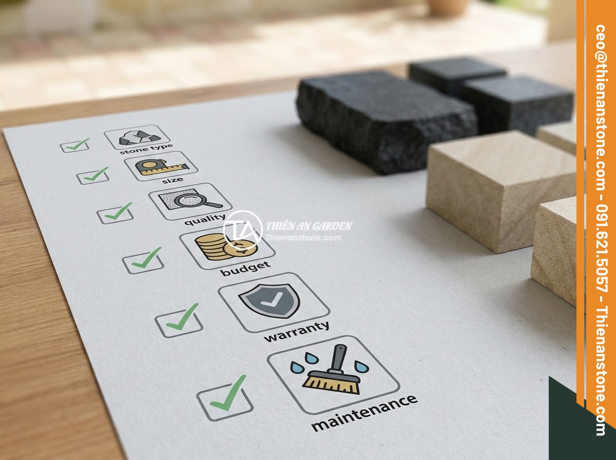 Xu Hướng Trụ Hàng Rào Đá Tự Nhiên 2026: Sang Trọng Và Bền Vững - An infographic-style layout showing a checklist for choosing natural stone fence