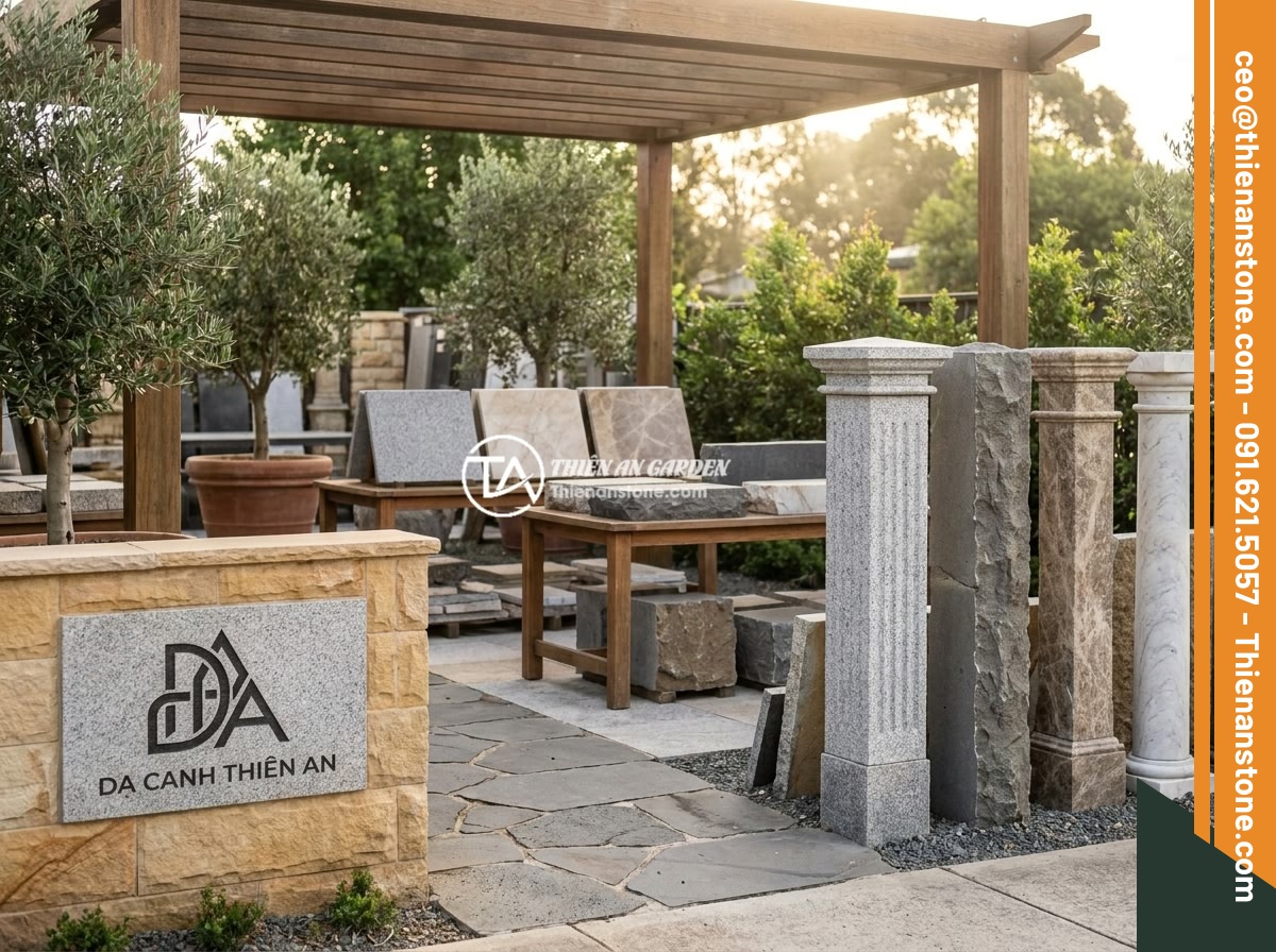 Xu Hướng Trụ Hàng Rào Đá Tự Nhiên 2026: Sang Trọng Và Bền Vững - Elegant outdoor showroom of Da Canh Thien An displaying various natural stone fe