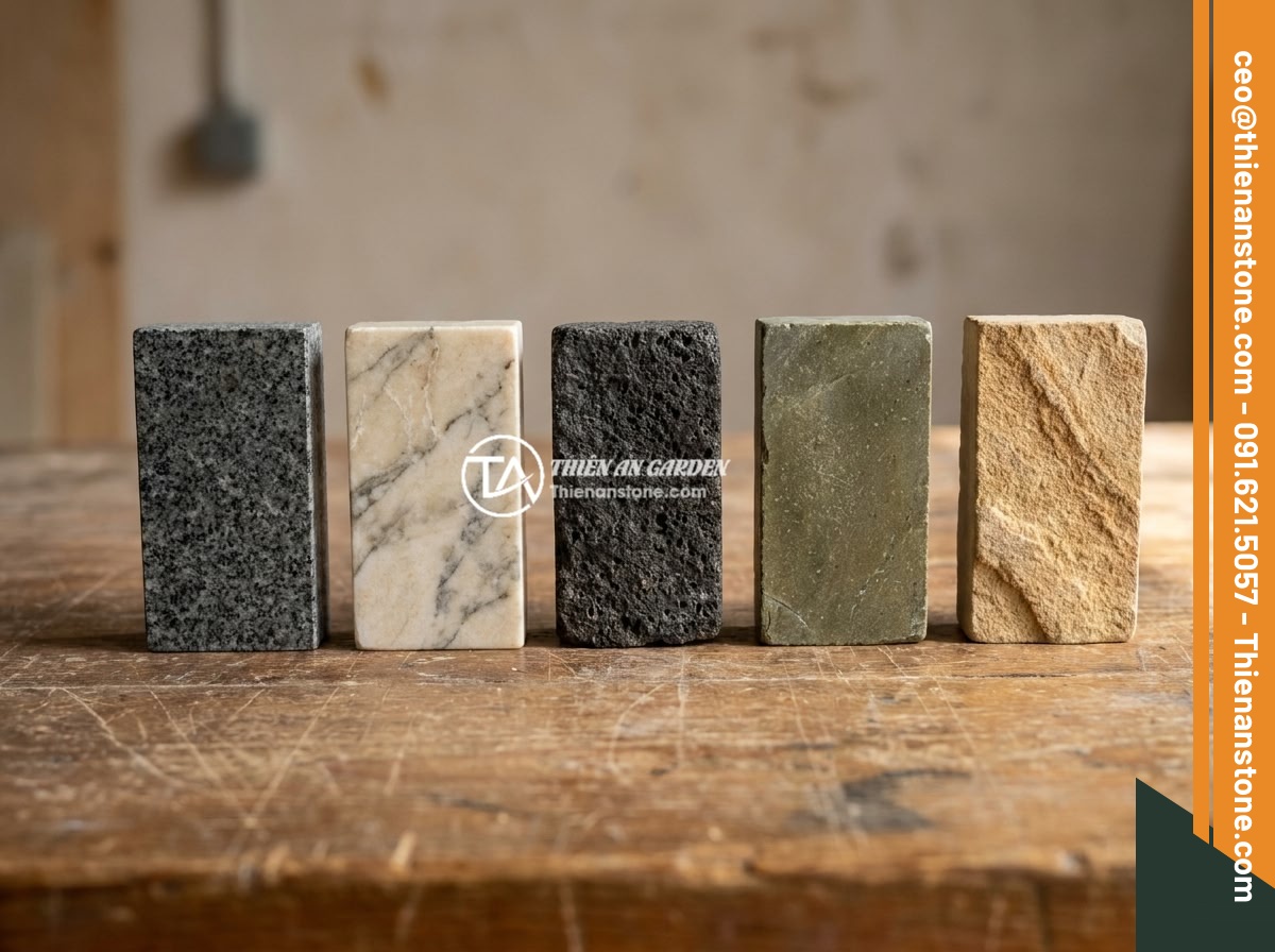 Xu Hướng Trụ Hàng Rào Đá Tự Nhiên 2026: Sang Trọng Và Bền Vững - Close-up comparison of five types of natural stone samples for fence pillars inc