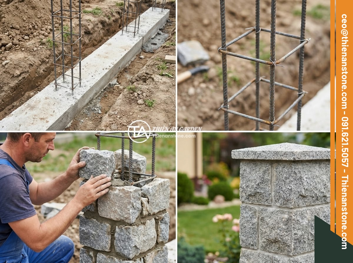 Xu Hướng Trụ Hàng Rào Đá Tự Nhiên 2026: Sang Trọng Và Bền Vững - Step-by-step construction process of natural stone fence pillars showing foundat