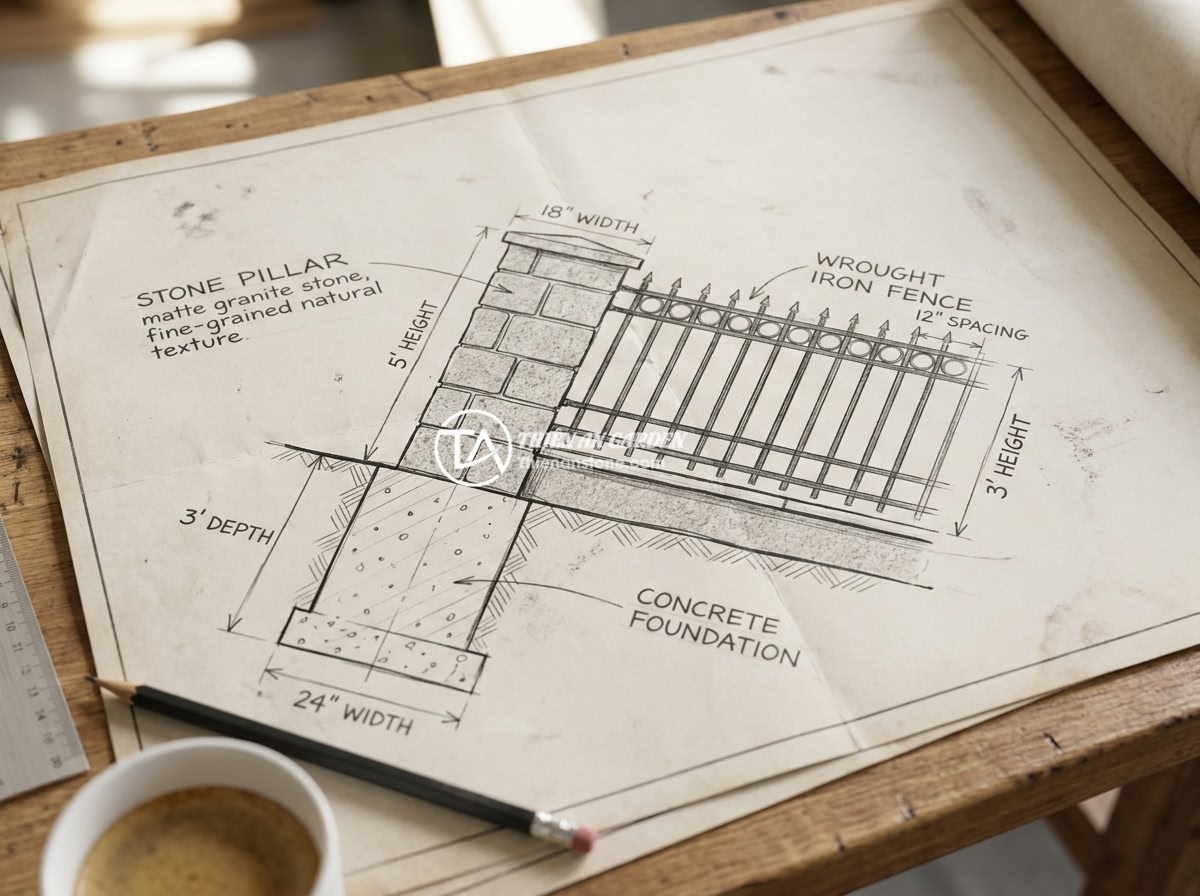 Ý Tưởng Kết Hợp Trụ Đá Với Hàng Rào Sắt Nghệ Thuật Đẹp Mê Ly - Hình 5 Ý Tưởng Kết Hợp Trụ Đá Với Hàng Rào Sắt Nghệ Thuật Đẹp Mê Ly - Technical diagram showing proper proportions of stone pillar and iron fence comb