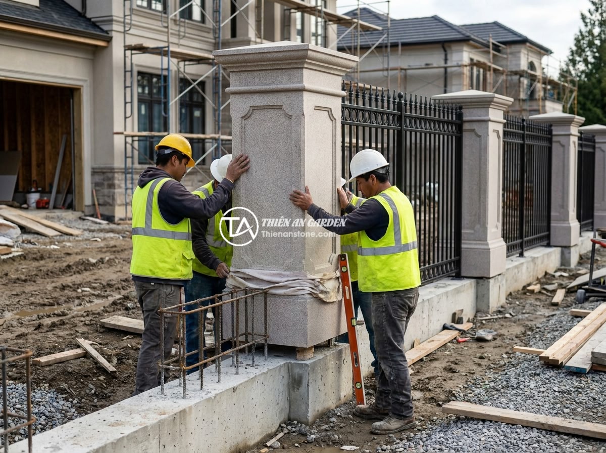 Ý Tưởng Kết Hợp Trụ Đá Với Hàng Rào Sắt Nghệ Thuật Đẹp Mê Ly - Hình 6 Ý Tưởng Kết Hợp Trụ Đá Với Hàng Rào Sắt Nghệ Thuật Đẹp Mê Ly - Construction process of stone pillar and iron fence installation, showing worker