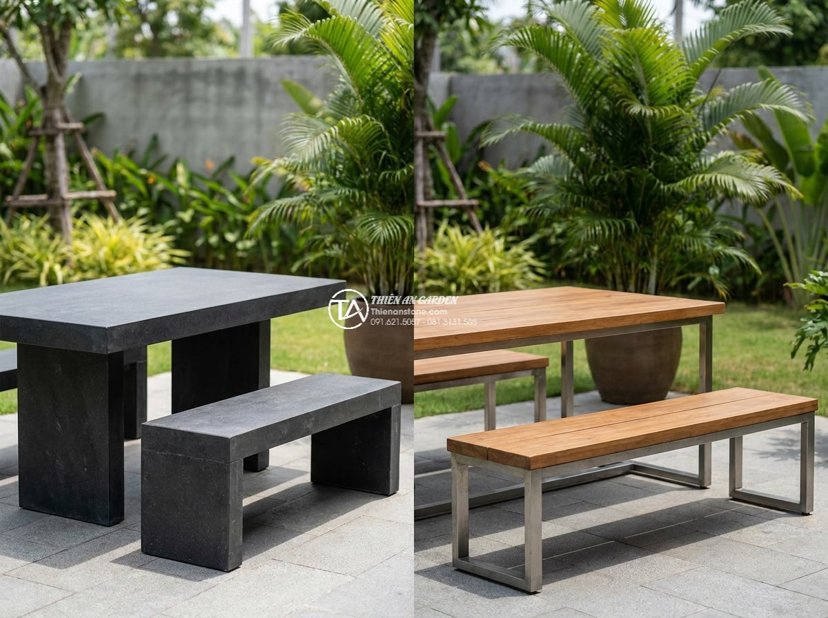 Bàn ghế đá Bazan - Hình 3 Bàn ghế đá Bazan - Side-by-side comparison realistic photo of Bazan basalt stone garden furniture s