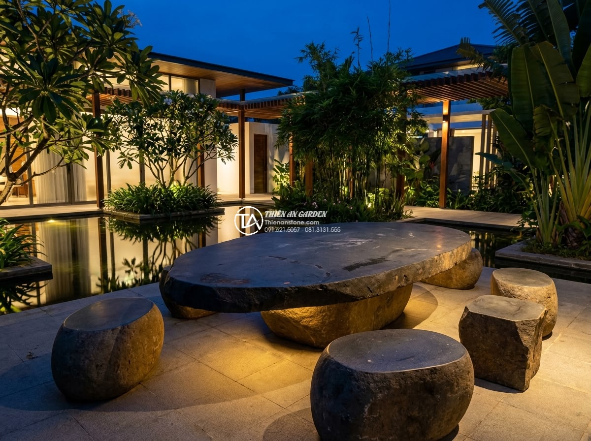 Bàn ghế đá Bazan - Hình 4 Bàn ghế đá Bazan - Elegant evening scene of Bazan stone garden table and chairs illuminated by soft