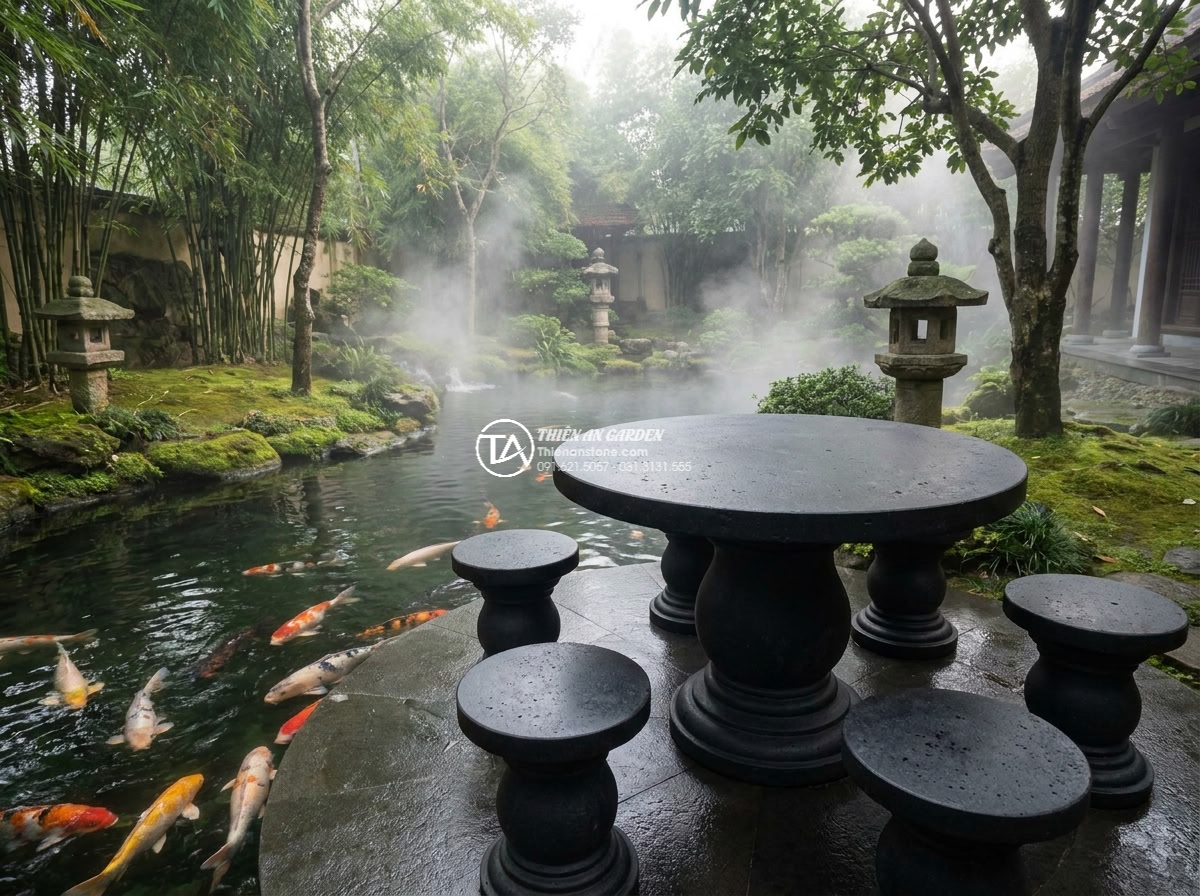 Bàn ghế đá Bazan - Hình 5 Bàn ghế đá Bazan - Serene wide angle view of handcrafted Bazan basalt stone table and chairs positi