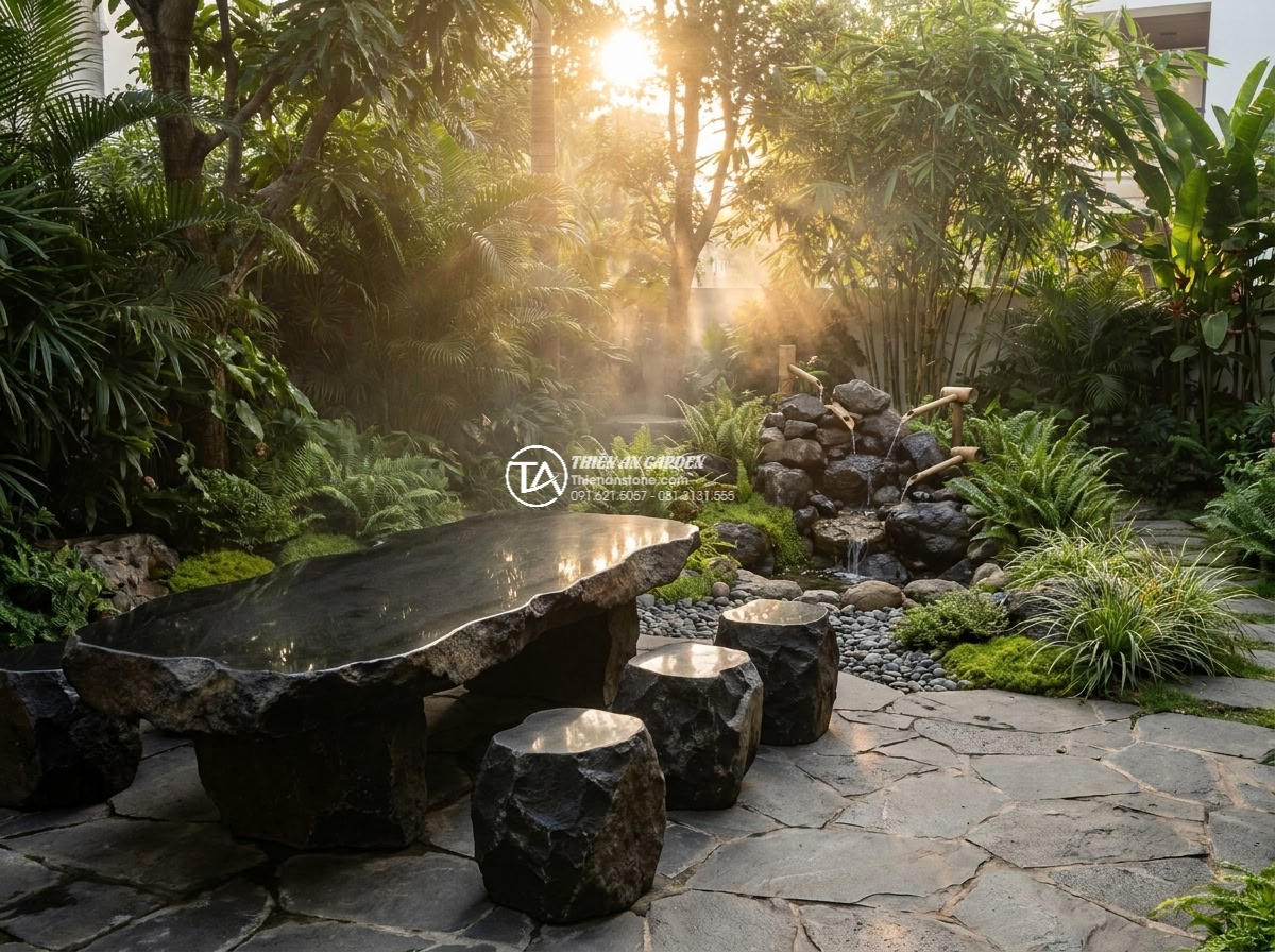 Bàn ghế đá Bazan - Hình 6 Bàn ghế đá Bazan - Feng shui inspired composition of Bazan stone garden furniture placed in perfect