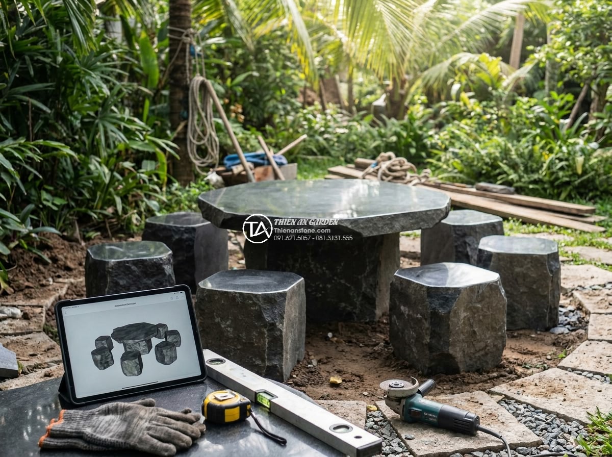 Bàn ghế đá Bazan - Hình 7 Bàn ghế đá Bazan - Professional team of artisans and landscape designers from Da Canh Thien An inst