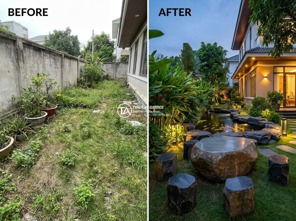 Bàn ghế đá Bazan - Hình 9 Bàn ghế đá Bazan - Before and after transformation of a luxury riverside villa garden featuring cus