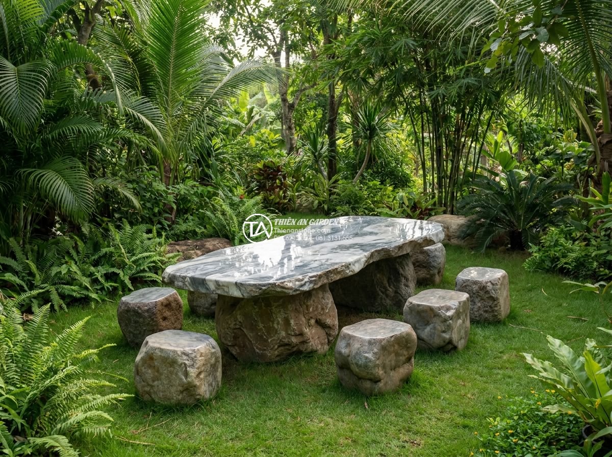 Bàn ghế đá cuội - A wide-angle view from afar of a luxurious pebble stone table and chairs set in