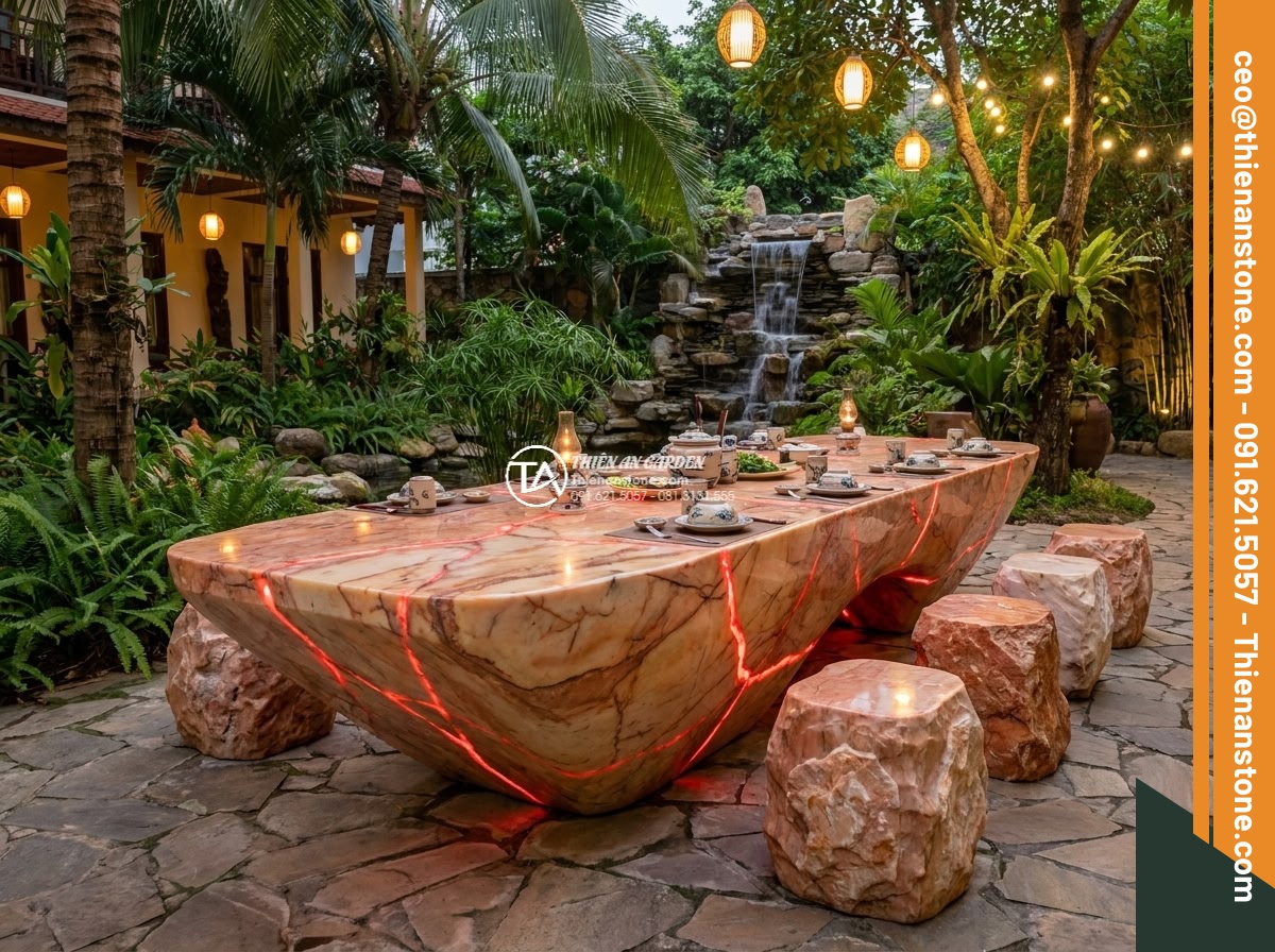 Bàn ghế đá huyết long - Hình 8 Bàn ghế đá huyết long - Luxury resort courtyard featuring a large blood dragon stone dining table and ch