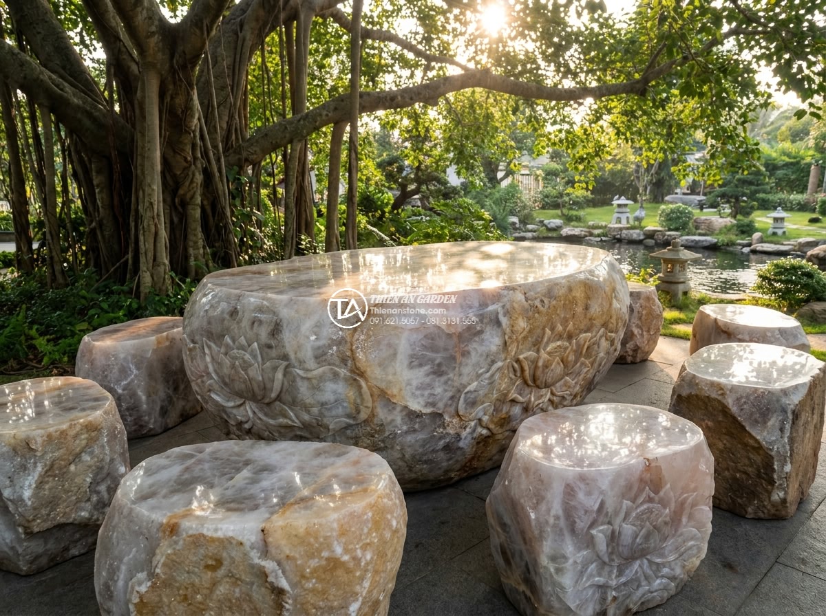 Bàn ghế đá thạch anh - Luxurious quartz stone garden table and chairs set placed under ancient banyan t