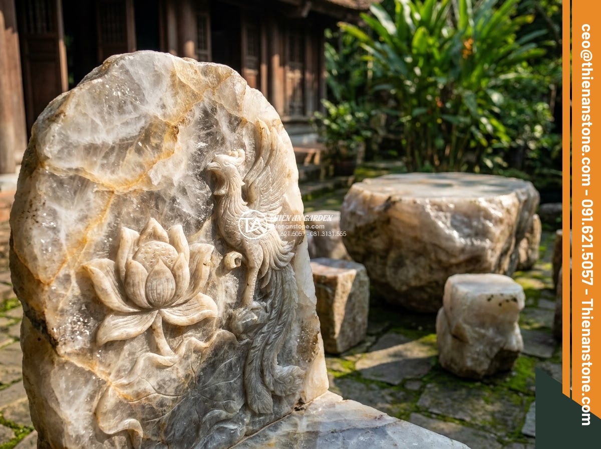 Bàn ghế đá thạch anh - Hình 11 Bàn ghế đá thạch anh - Detailed close-up of hand-carved quartz stone chair backrest featuring intricate