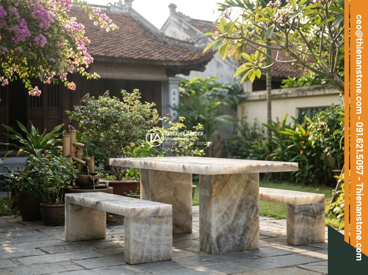 Bàn ghế đá thạch anh - Hình 15 Bàn ghế đá thạch anh - Peaceful morning scene of elderly couple sitting comfortably on quartz stone gar