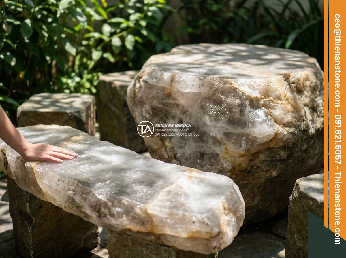 Bàn ghế đá thạch anh - Hình 6 Bàn ghế đá thạch anh - Intimate view of a person sitting comfortably on a carved quartz stone garden be