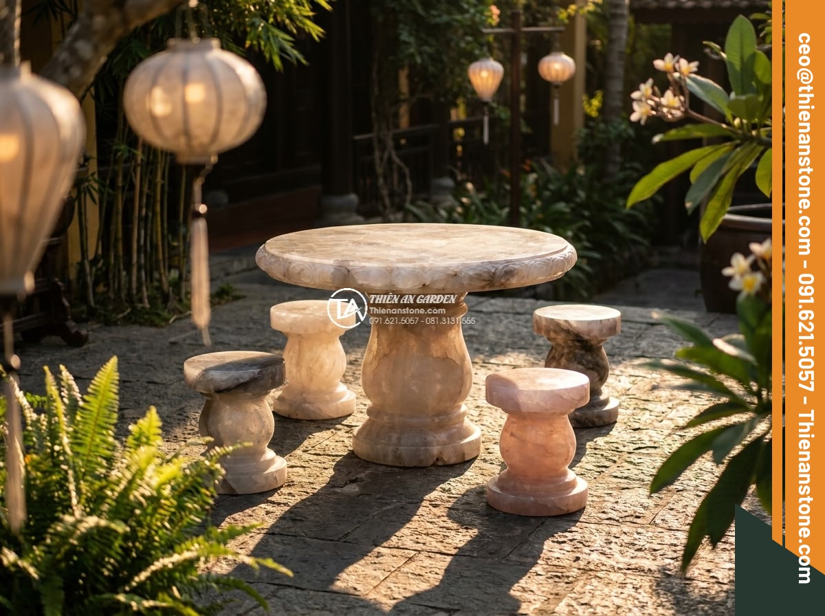 Bàn ghế đá thạch anh - Hình 7 Bàn ghế đá thạch anh - Golden hour cinematic scene of quartz stone garden furniture set glowing under w