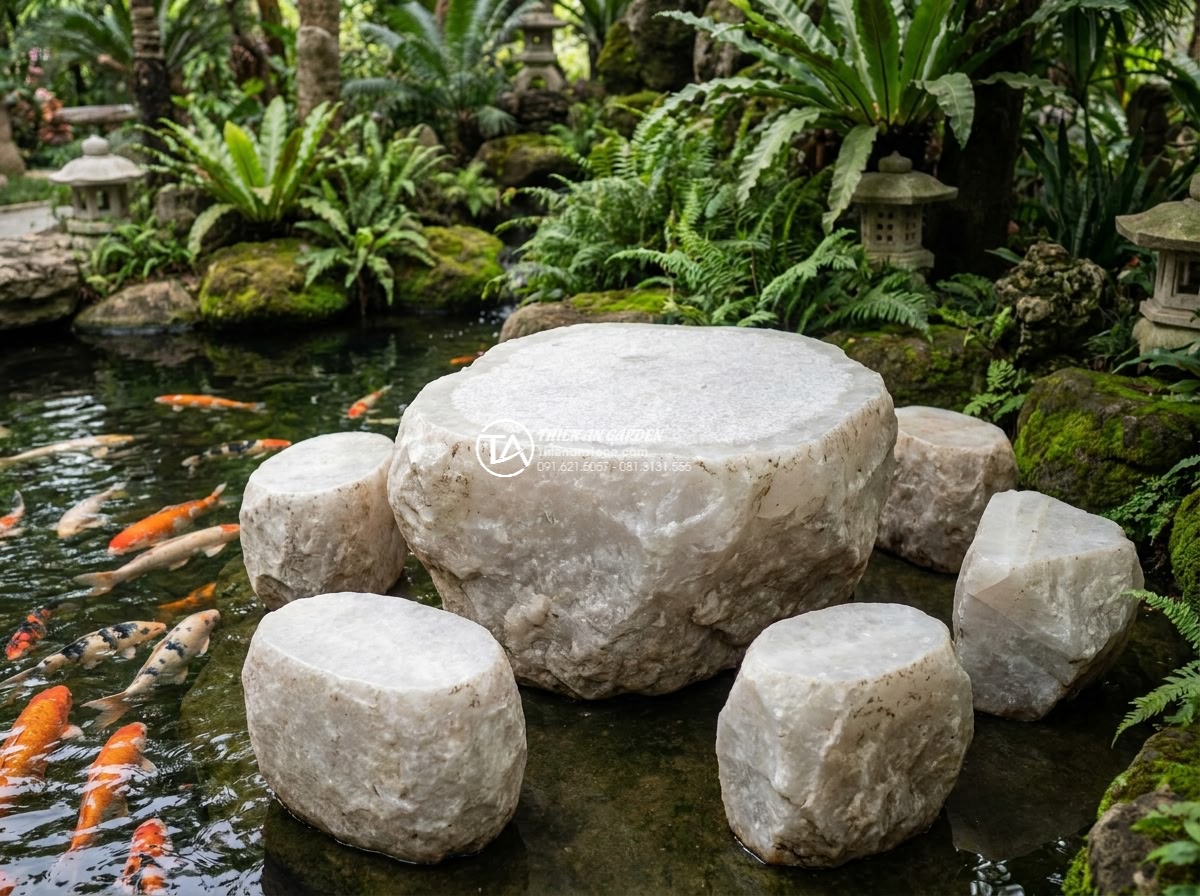 Bàn ghế đá trắng muối - Hình 13 Bàn ghế đá trắng muối - White salt stone table set positioned elegantly beside a clear koi pond with col