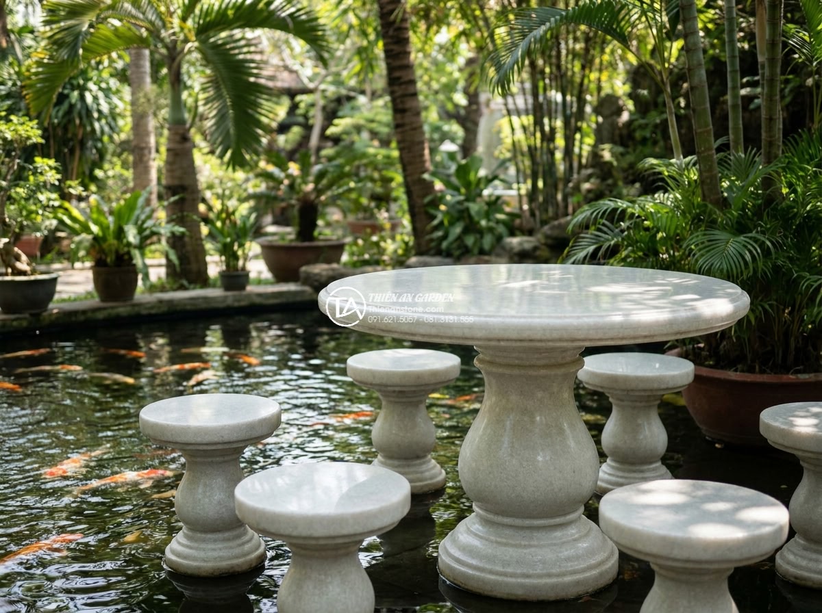 Bàn ghế đá trắng muối - Hình 14 Bàn ghế đá trắng muối - Close integration of white marble stone furniture next to koi fish pond with wat