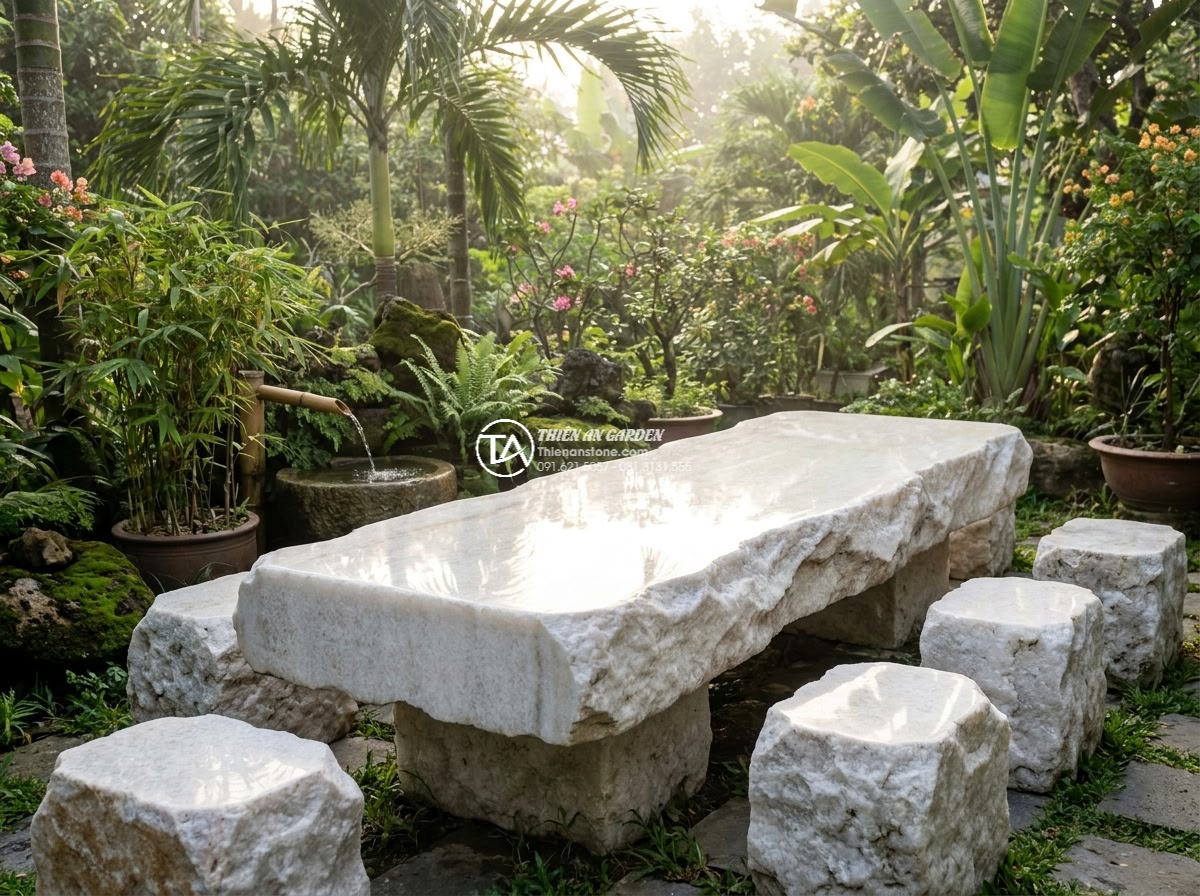 Bàn ghế đá trắng muối - Hình 15 Bàn ghế đá trắng muối - Symbolic feng shui arrangement of white salt stone furniture in garden with ausp