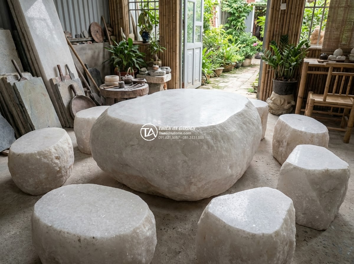 Bàn ghế đá trắng muối - Hình 18 Bàn ghế đá trắng muối - Finished hand-sculpted white salt stone furniture pieces displayed in workshop r