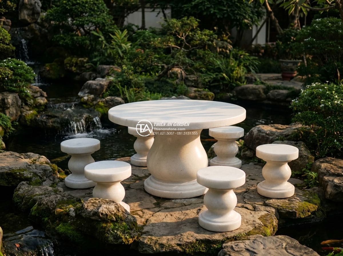 Bàn ghế đá trắng muối - Hình 4 Bàn ghế đá trắng muối - Panoramic shot from afar showing complete white salt stone table and chairs arra