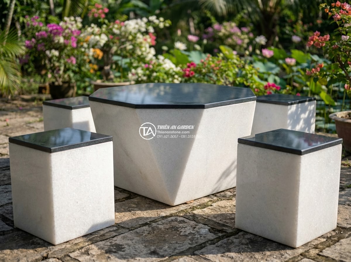 Bàn ghế đá trắng muối - Hình 6 Bàn ghế đá trắng muối - Detailed medium shot of white salt stone furniture highlighting its solid natura