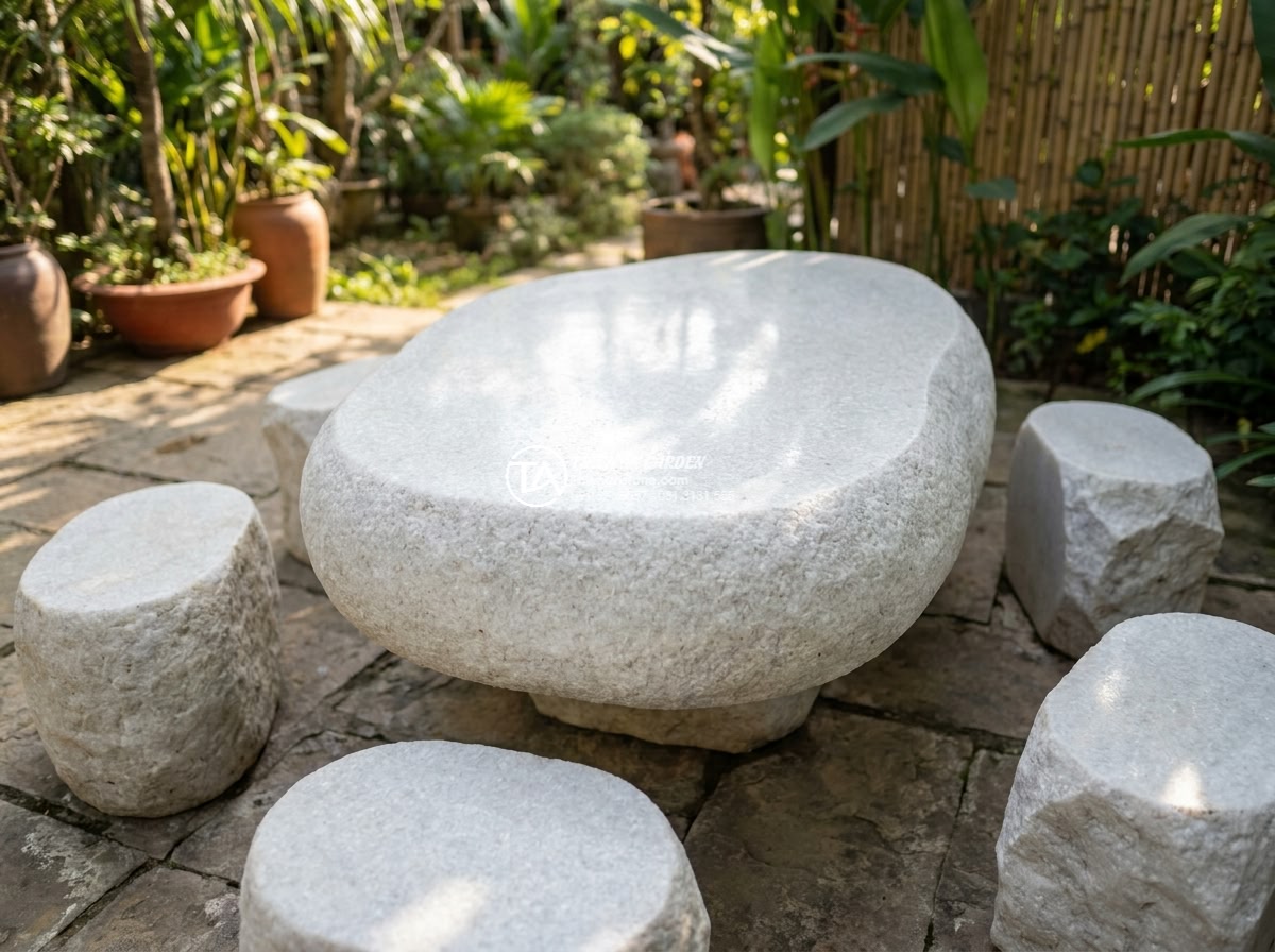 Bàn ghế đá trắng muối - Hình 8 Bàn ghế đá trắng muối - Angled close view of salt crystal patterns on white marble table top with natura