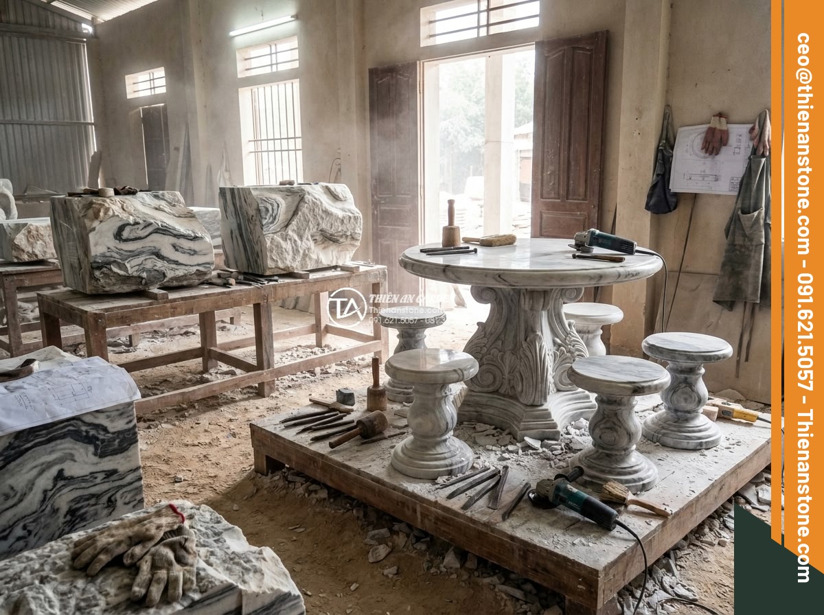 Bàn ghế đá Tuyết sơn - Hình 10 Bàn ghế đá Tuyết sơn - Behind-the-scenes photorealistic image of skilled Vietnamese artisans hand-carvi