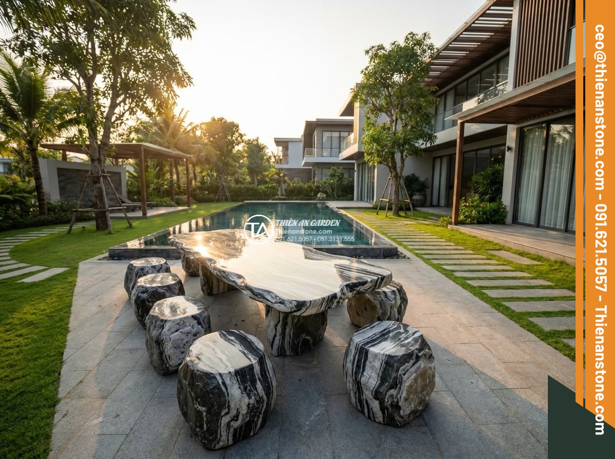 Bàn ghế đá Tuyết sơn - Hình 6 Bàn ghế đá Tuyết sơn - Wide photorealistic view of a complete Tuyet Son stone bench and chair set elega
