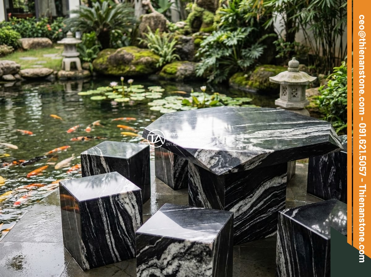 Bàn ghế đá Tuyết sơn - Hình 7 Bàn ghế đá Tuyết sơn - Photorealistic serene scene of white snow mountain stone garden bench and chairs