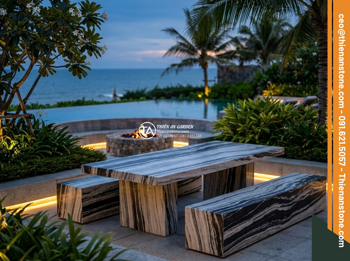Bàn ghế đá Tuyết sơn - Hình 8 Bàn ghế đá Tuyết sơn - Photorealistic luxurious resort garden scene at dusk with multiple sets of white