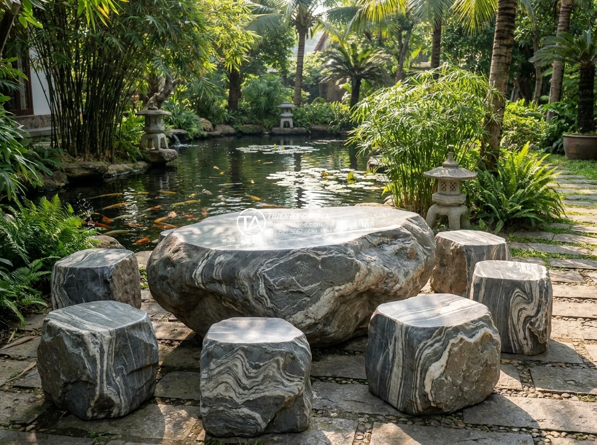 Bàn ghế đá vân mây - Hình 8 Bàn ghế đá vân mây - Beautiful photorealistic scene of a luxury villa garden featuring a white cloud-