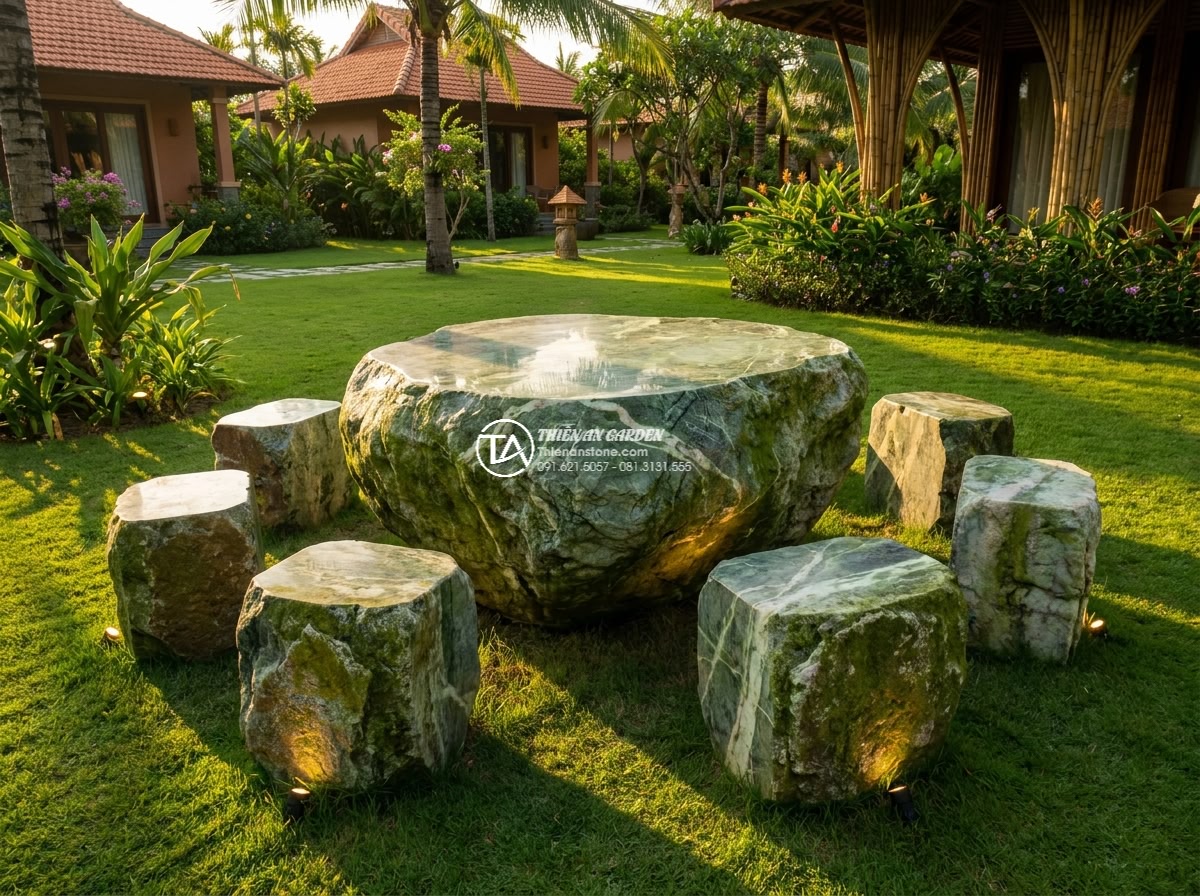 Bàn ghế đá xanh Cốm - Hình 4 Bàn ghế đá xanh Cốm - Golden hour cinematic shot of green moss stone table and chairs glowing under wa