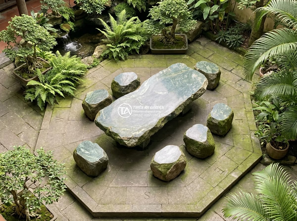 Bàn ghế đá xanh Cốm - Hình 6 Bàn ghế đá xanh Cốm - Artistic overhead view of green moss stone garden furniture arranged according t