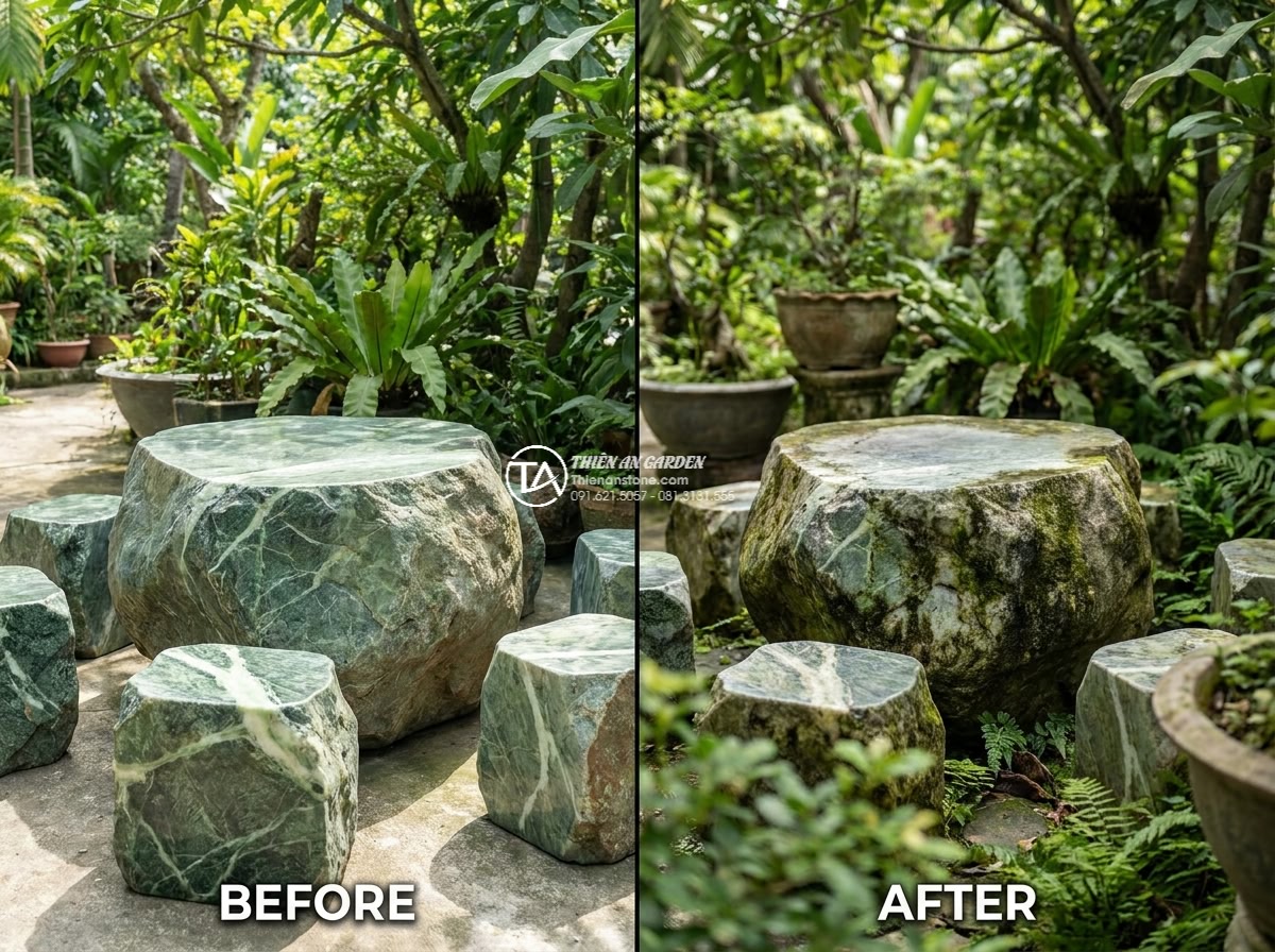Bàn ghế đá xanh Cốm - Hình 9 Bàn ghế đá xanh Cốm - Before and after comparison style image showing a well-maintained green moss sto