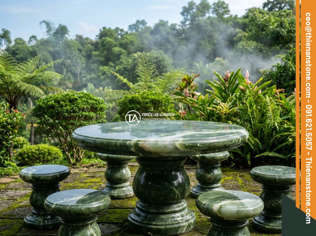 Bàn ghế đá xanh ngọc Serpentine - Hình 2 Bàn ghế đá xanh ngọc Serpentine - Distant view of monolithic Serpentine jade green outdoor furniture in an elegant