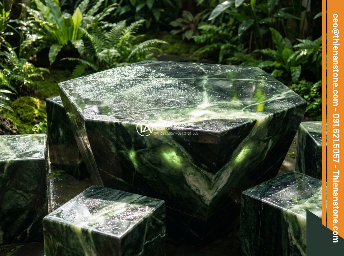 Bàn ghế đá xanh ngọc Serpentine - Hình 9 Bàn ghế đá xanh ngọc Serpentine - Serpentine green jade stone table and chairs glowing with magical light reflecti