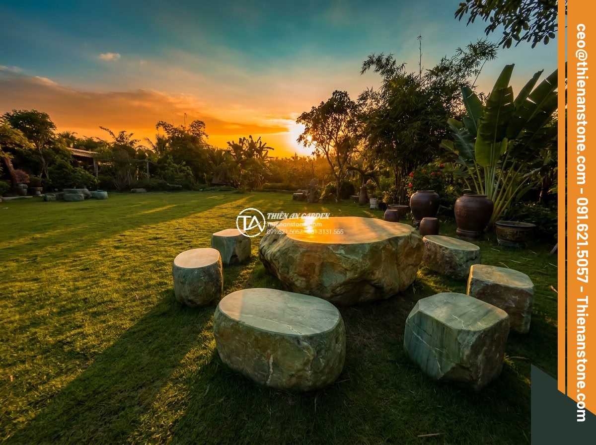 Bàn ghế đá xanh rêu - Hình 11 Bàn ghế đá xanh rêu - Dramatic sunset scene of moss green stone furniture glowing with warm golden lig