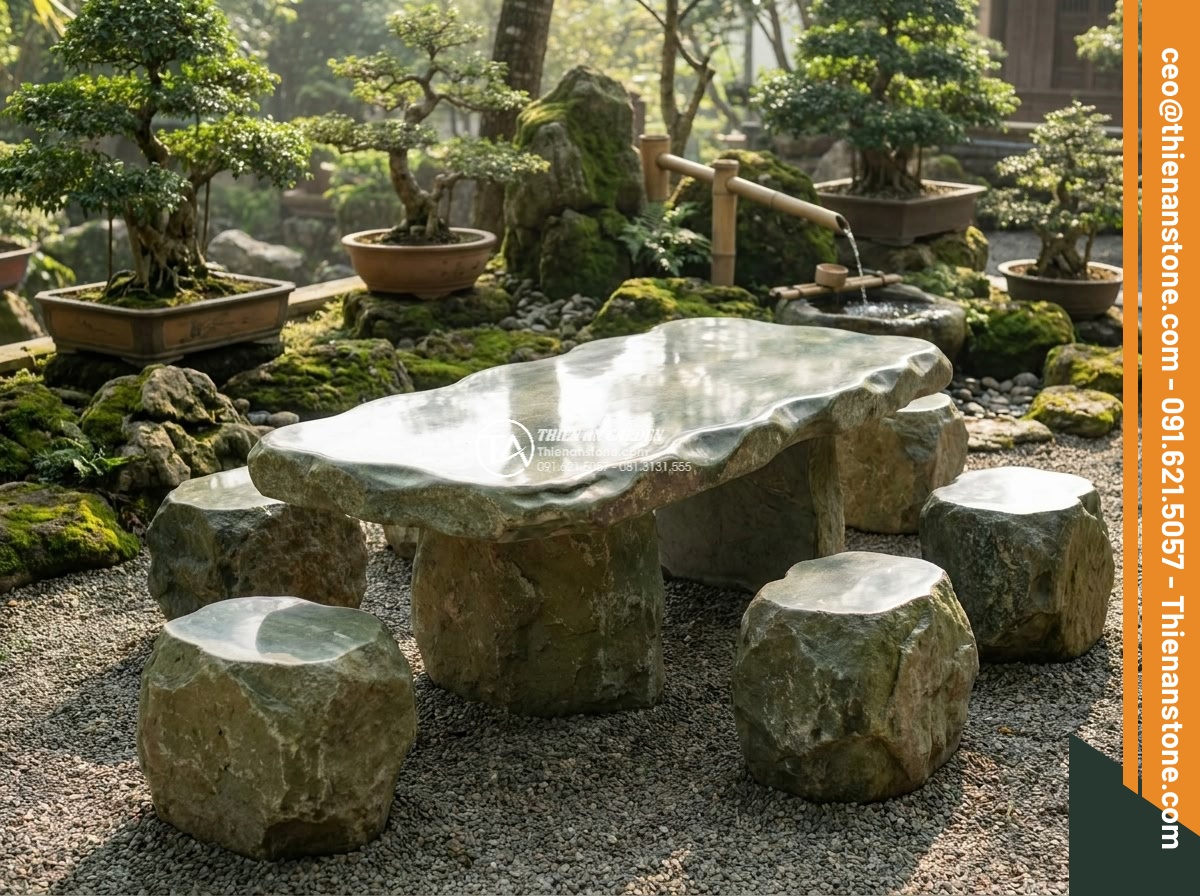 Bàn ghế đá xanh rêu - Hình 13 Bàn ghế đá xanh rêu - Artistic composition of moss green stone table and chairs arranged in perfect fe