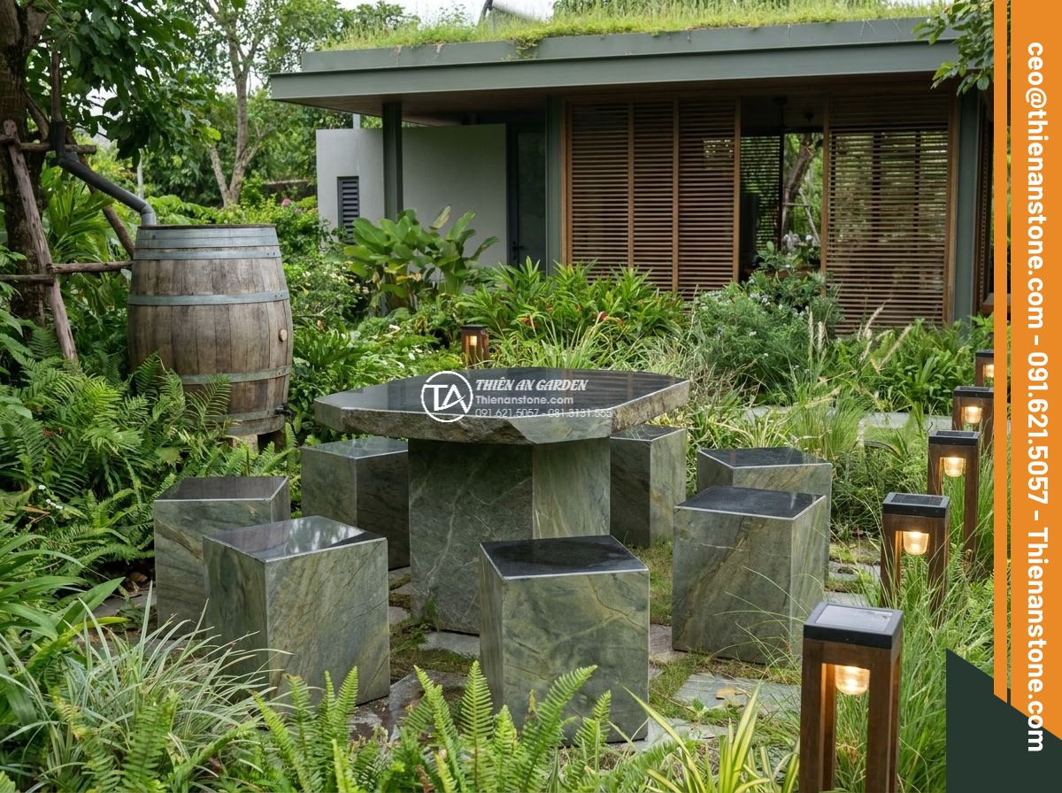 Bàn ghế đá xanh rêu - Hình 19 Bàn ghế đá xanh rêu - Sustainable garden design featuring moss green stone furniture as centerpiece, s