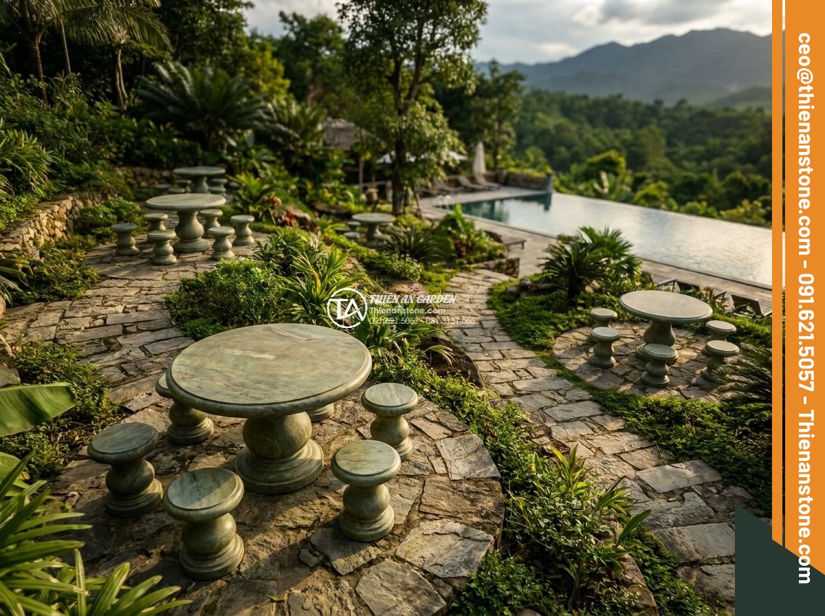 Bàn ghế đá xanh rêu - Hình 2 Bàn ghế đá xanh rêu - Aerial drone view of an expansive resort garden showcasing multiple sets of moss