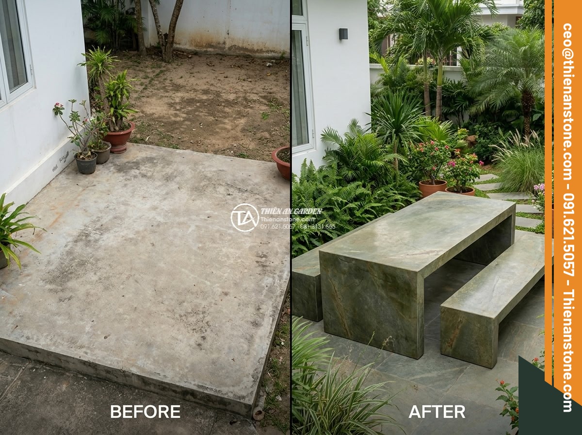 Bàn ghế đá xanh rêu - Hình 20 Bàn ghế đá xanh rêu - Before and after transformation of a villa garden – left side shows plain concre