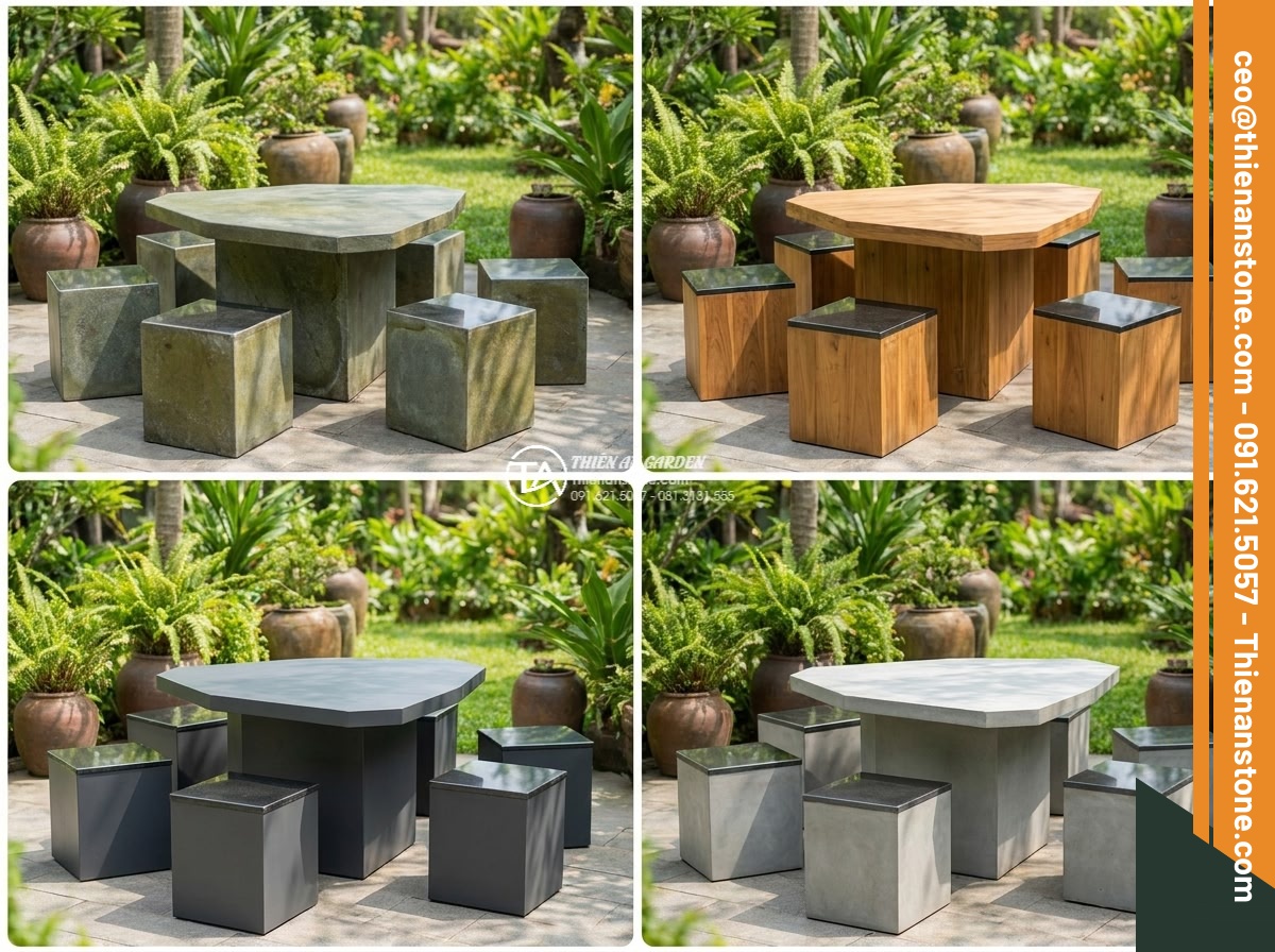 Bàn ghế đá xanh rêu - Hình 4 Bàn ghế đá xanh rêu - Comparison collage showing four different garden furniture materials side by sid