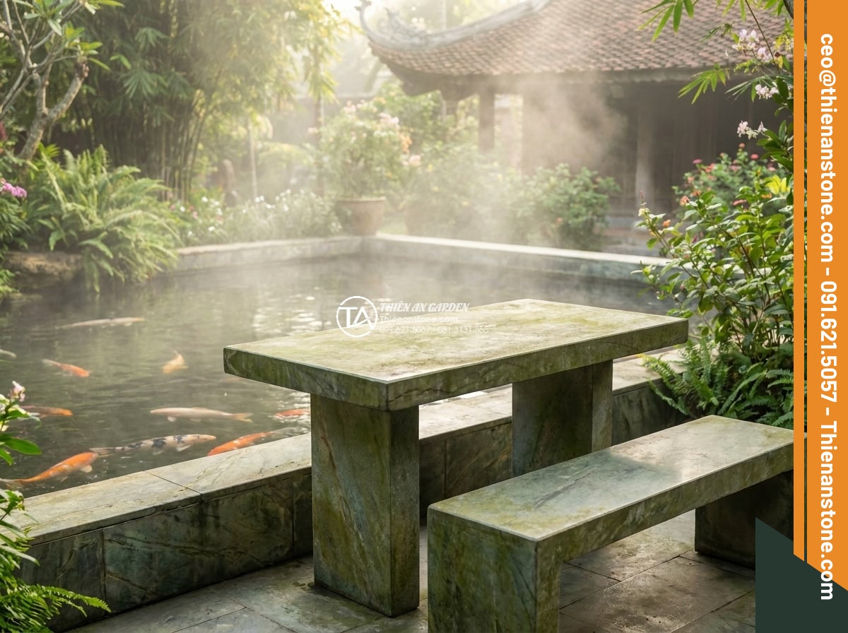 Bàn ghế đá xanh rêu - Hình 5 Bàn ghế đá xanh rêu - Serene morning scene of moss green stone table and chairs placed directly beside