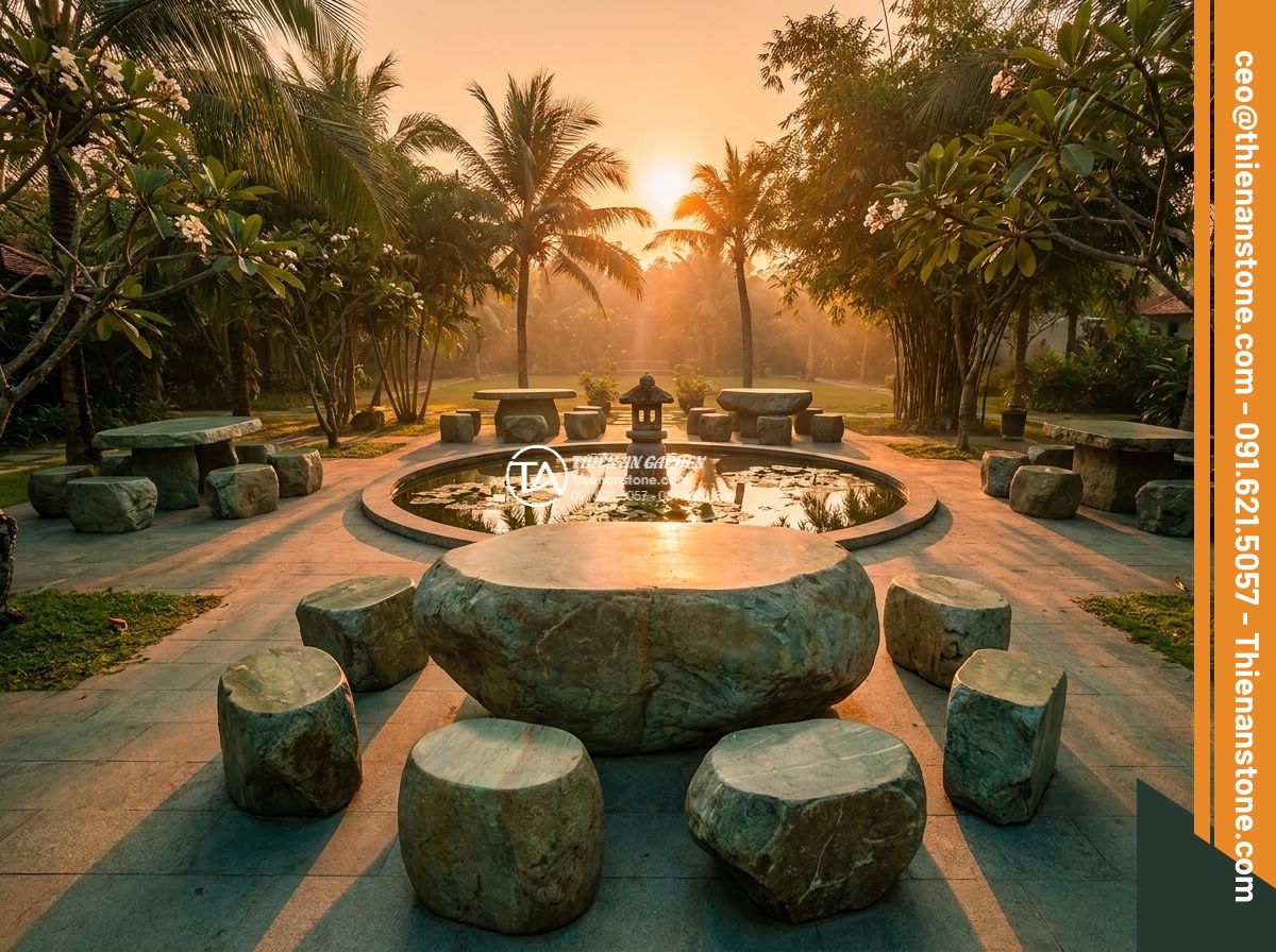 Bàn ghế đá xanh rêu - Hình 6 Bàn ghế đá xanh rêu - Golden hour wide shot of resort garden with multiple moss green stone furniture