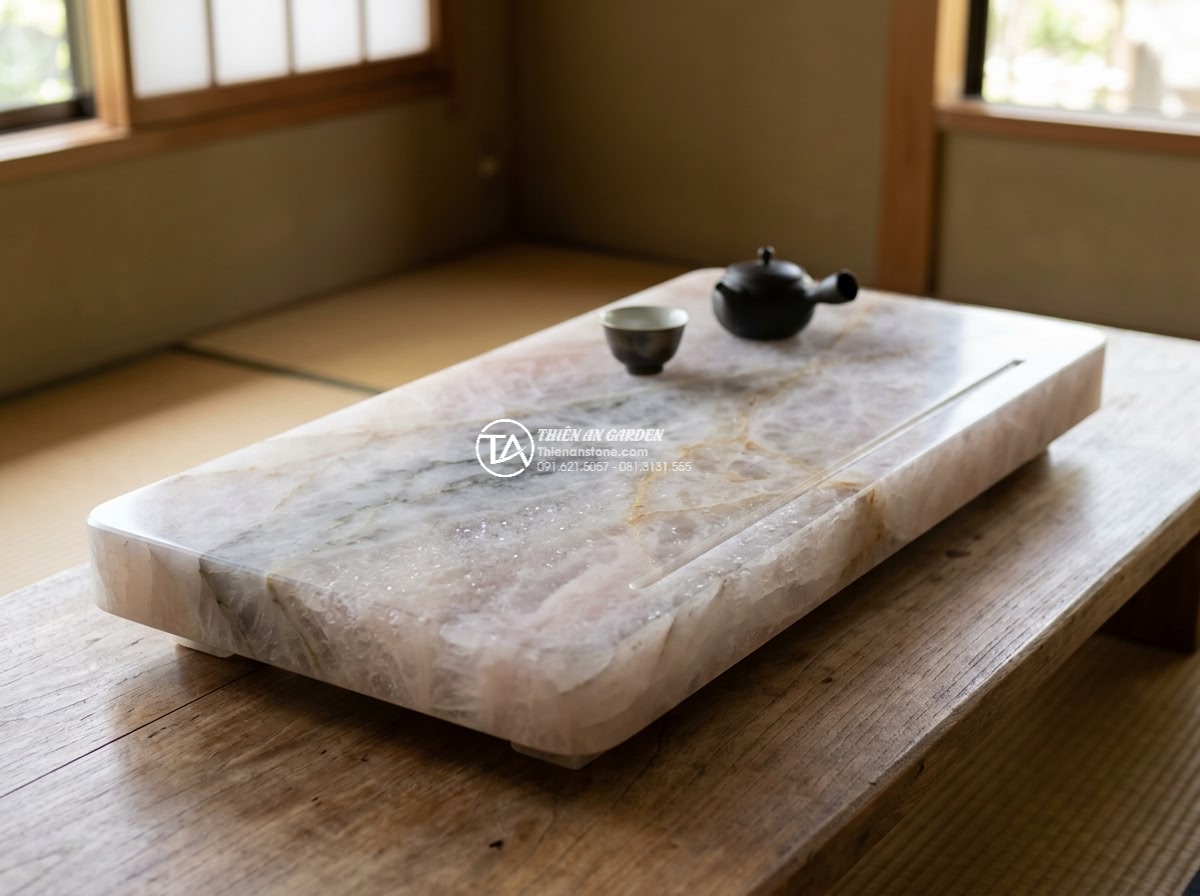 Bàn trà đá cẩm thạch - Hình 6 Bàn trà đá cẩm thạch - Nighttime cinematic photorealistic scene of an illuminated marble tea table in a